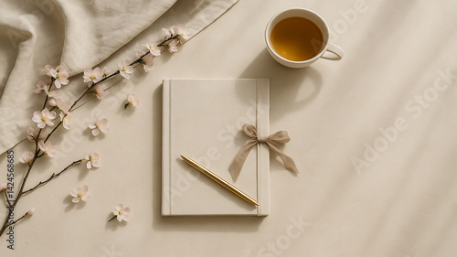 Quiet Luxury Spring Flat Lay with Blossoms and Tea