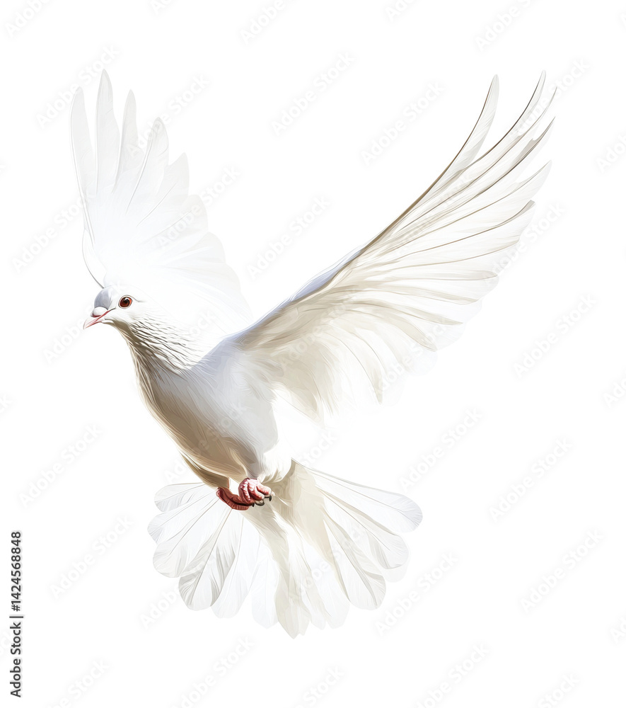 Fototapeta premium White dove in flight with graceful wings spread, cut out - stock png.