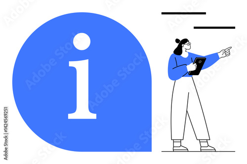 Woman holding a tablet and gesturing to provide direction near a large blue information mark. Ideal for communication, guidance, helpdesk, support, education, navigation, simple landing page