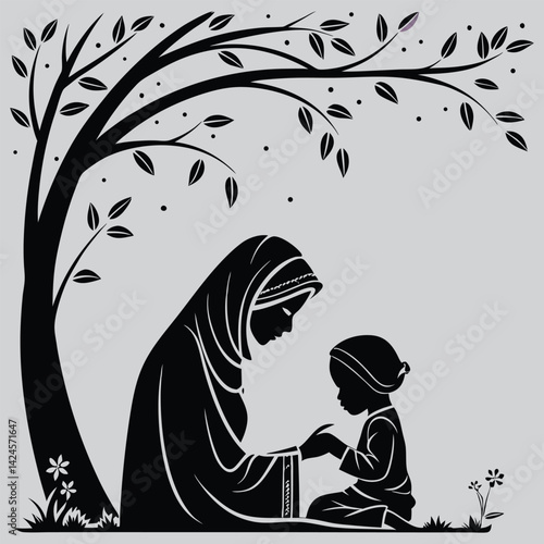 Wearing hijab  Mother and baby under tree image silhouette design vector art and illustration	