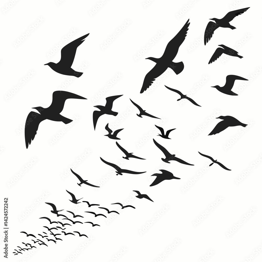 Flock of birds in flight, silhouettes, black and white, minimalist Flock of birds in flight, silhouettes, black and white, minimalist