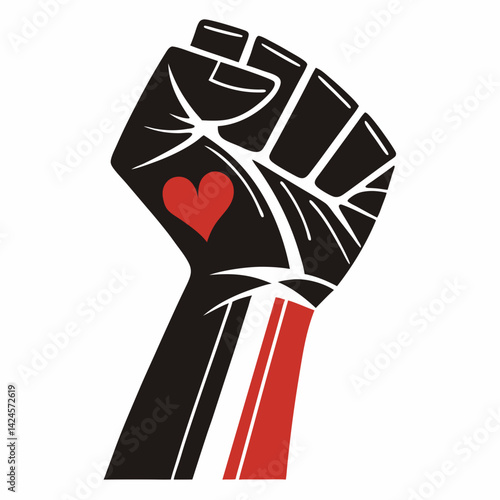 Black Fist Raised with Red Heart and Stripes power solidarity