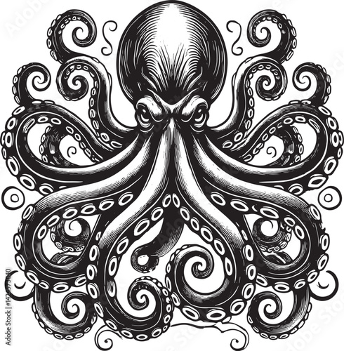 Black and White Octopus Illustration with Intricate Tentacles on a White Background