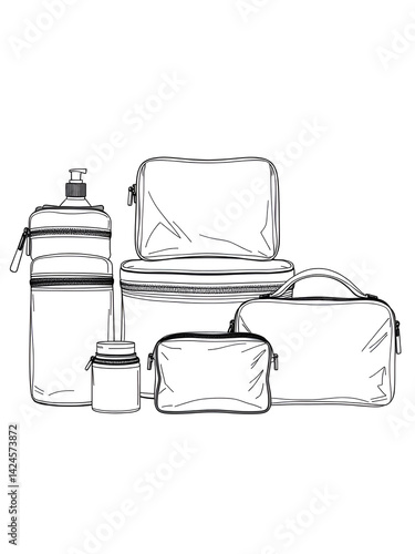set of toiletry bags flat sketch vector illustration technical cad drawing template