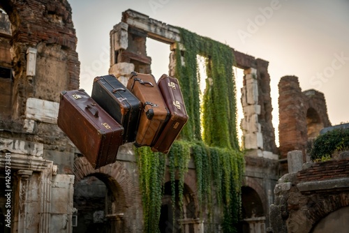 Vintage Suitcases Floating Above Ruins – Dramatic Sunset Scene