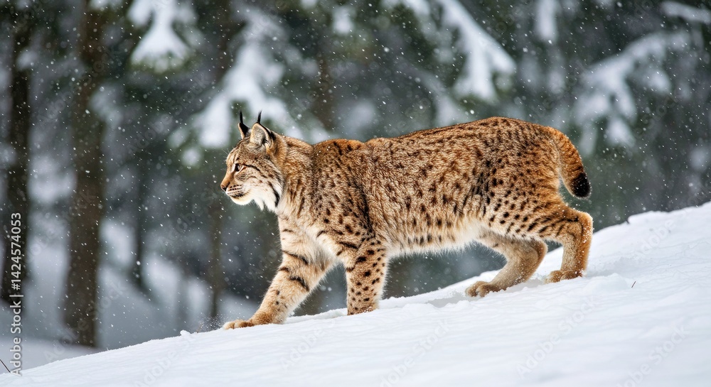 Lynx Navigating Snowy Carpathian Mountain Slope, Thick Winter Coat Camouflage Frozen Landscape Wildcat Lynx Navigating Snowy Carpathian Mountain Slope, Thick Winter Coat Camouflage Frozen Landscape Wildcat