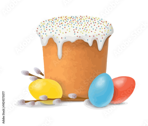 Orthodox Easter Cake and Eggs with Willow Branches Vector Illustration