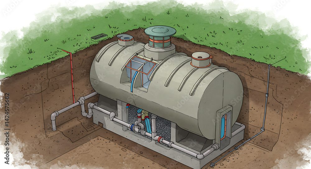 Technical Illustration Showing Underground Water Storage or Septic Tank System Installation