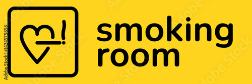 Bright yellow sign indicating a smoking room features a heart and cigarette graphic, clearly marking the designated area for smoking patrons in a lively atmosphere