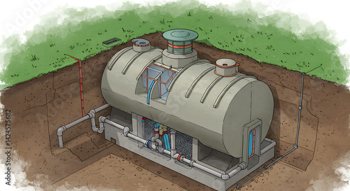 Obraz na płótnie Technical Illustration Showing Underground Water Storage or Septic Tank System Installation w salonie