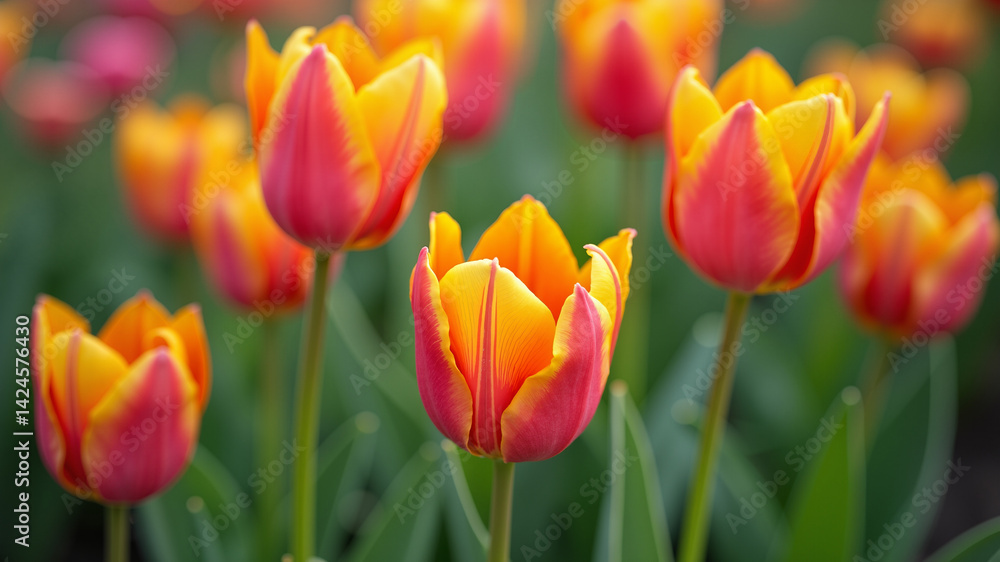 Garden Flowers: Close up of tulips in bloom against green leaves. Garden Flowers: Close up of tulips in bloom against green leaves.