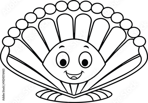 Cartoon Clam Shell with Smiling Face and Pearl Border on White Background Outline