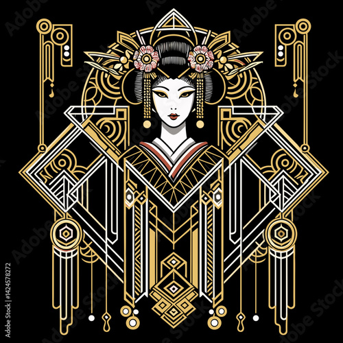 Stylized geisha portrait in an Art Deco frame with geometric patterns and elegant details
