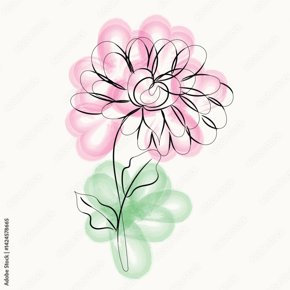 Obraz premium Elegant Pink and Green Watercolor Flower Line Art