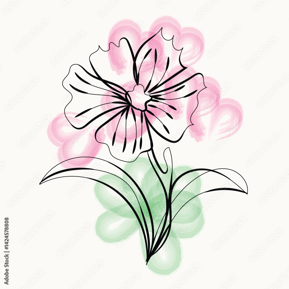 Obraz premium Elegant Pink and Green Watercolor Flower Line Art