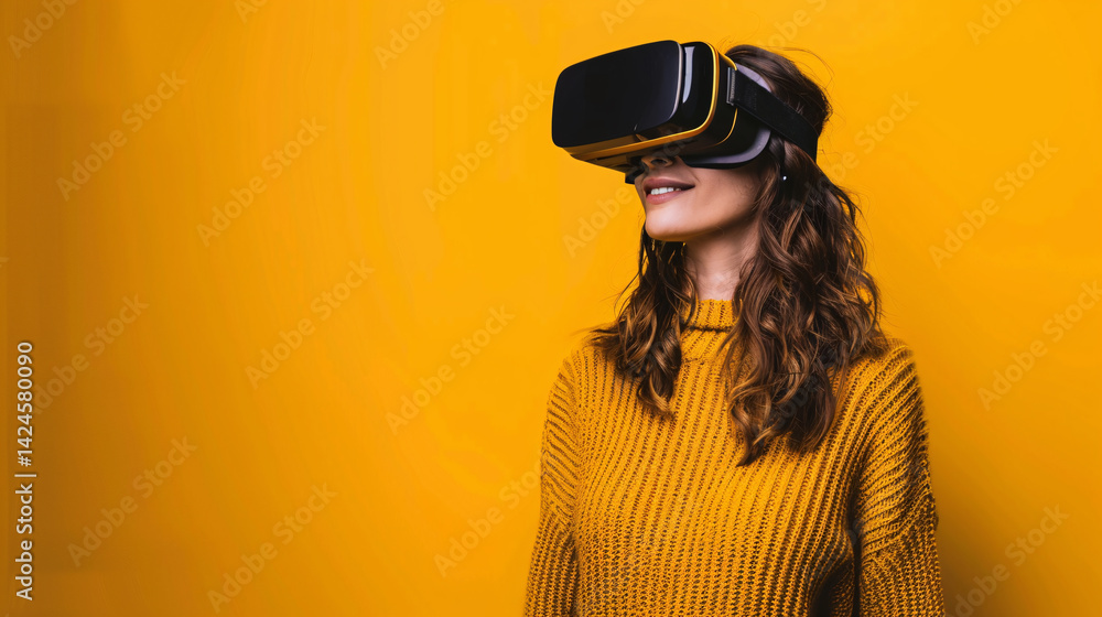 Smiling woman experiencing virtual reality Smiling woman experiencing virtual reality