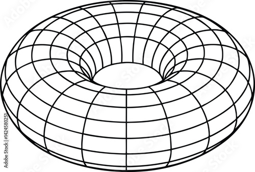 Wireframe Torus Shape with Black Lines on Transparent Background Isometric View