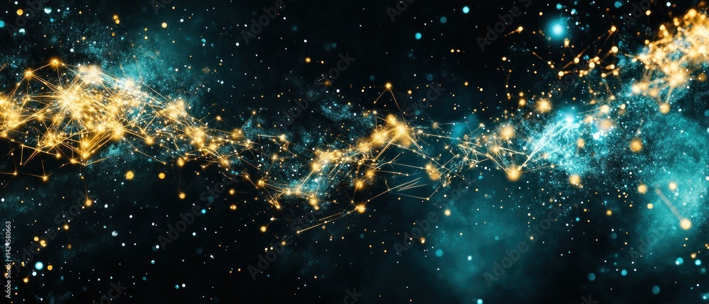Fototapeta premium Cosmic Network: A Celestial Tapestry of Golden and Teal Nebulae