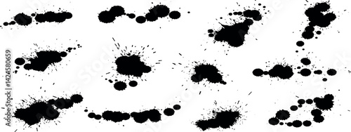 Set of grunge ink splatter. Splash of paints, spray drops, wet paint drop collection. Kit with design elements  splash and drip , silhouette blob spray.