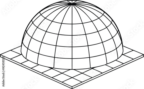 Dome Structure Over Square Grid, Isometric Perspective, Black and White Line Art