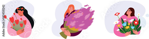 Women Holding Flower Bouquets – Spring Floral Flat Illustrations Collection, Set vector file