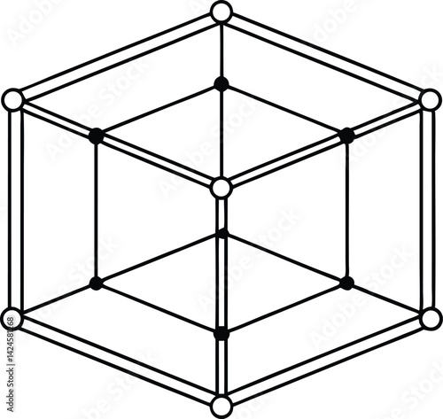 Transparent Geometric Cube Structure with Black Lines and White, Black Nodes