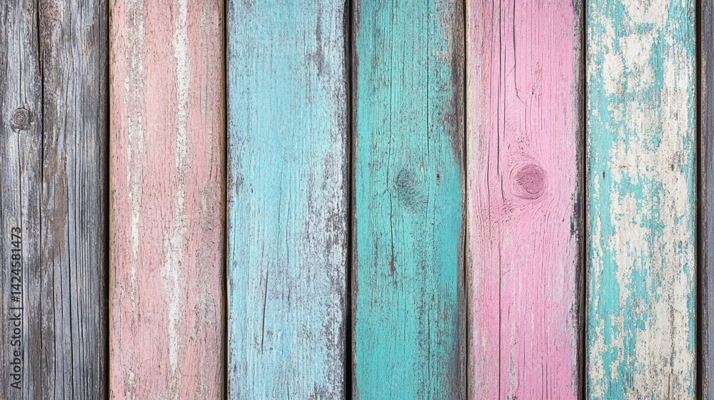 Colorful vintage wooden planks with a weathered appearance create a charming backdrop, blending shades of blue, pink, and gray for a rustic, artistic touch.