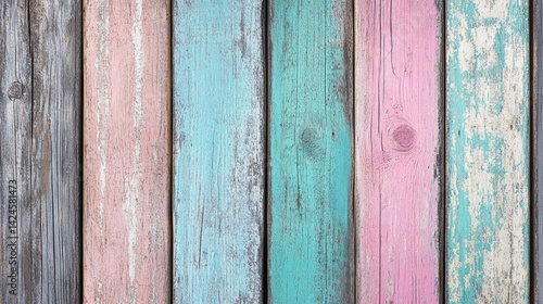 Obraz na płótnie Colorful vintage wooden planks with a weathered appearance create a charming backdrop, blending shades of blue, pink, and gray for a rustic, artistic touch. w salonie