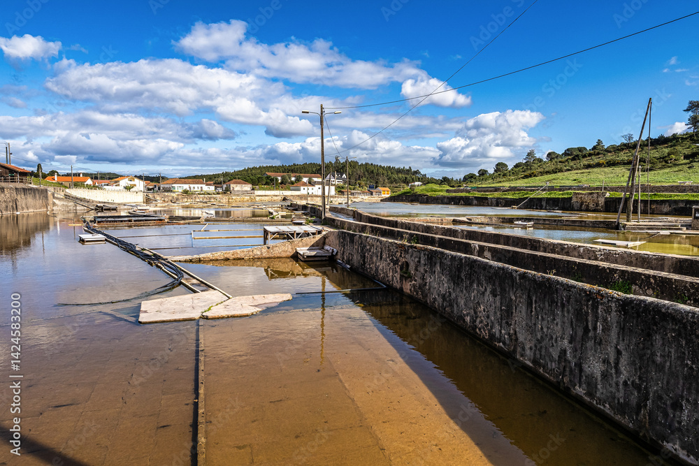 Fonte da Bica Salt Flats, Salinas de Rio Maior in Portugal, shallow water compartments and gutters for salt extraction