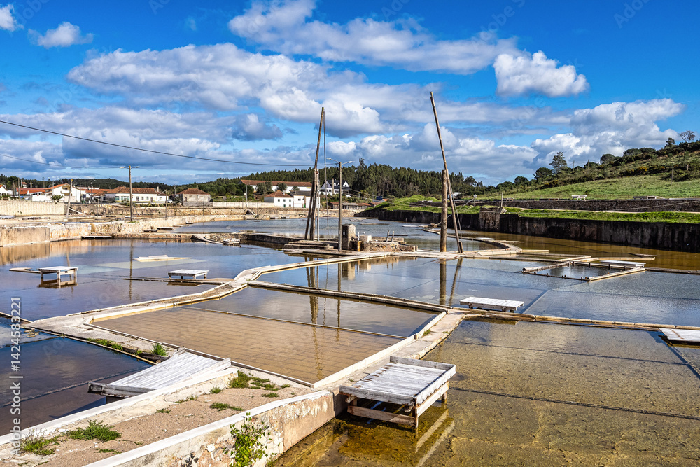 Fonte da Bica Salt Flats, Salinas de Rio Maior in Portugal, shallow water compartments and gutters for salt extraction