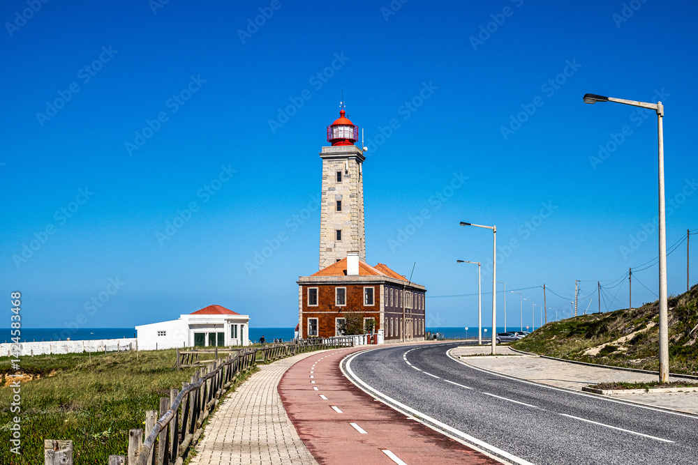 The beautiful Penedo da Saudade Lighthouse at Praia da Concha in Sao Pedro de Moel, Marinha Grande, Portugal