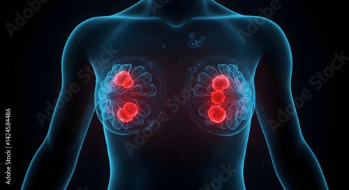 Futuristic holographic illustration showing breast cancer detection, medical visualization with highlighted tumor in female chest, digital health technology concept