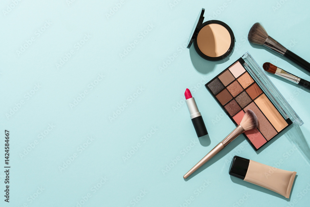 Beauty products on blue background.