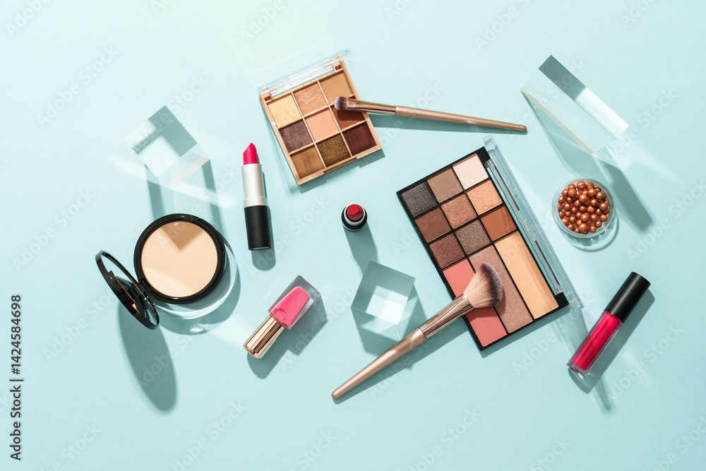 Beauty products on blue background.