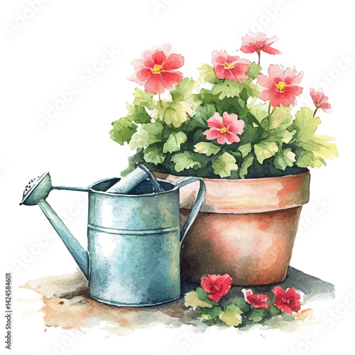 Watering can beside flower pots, watercolor illustration, isolated on a white background.

