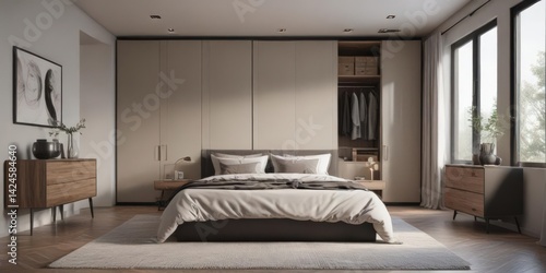 Spacious modern bedroom with walk-in closet, sleek furniture,  interior design,  walk-in closet