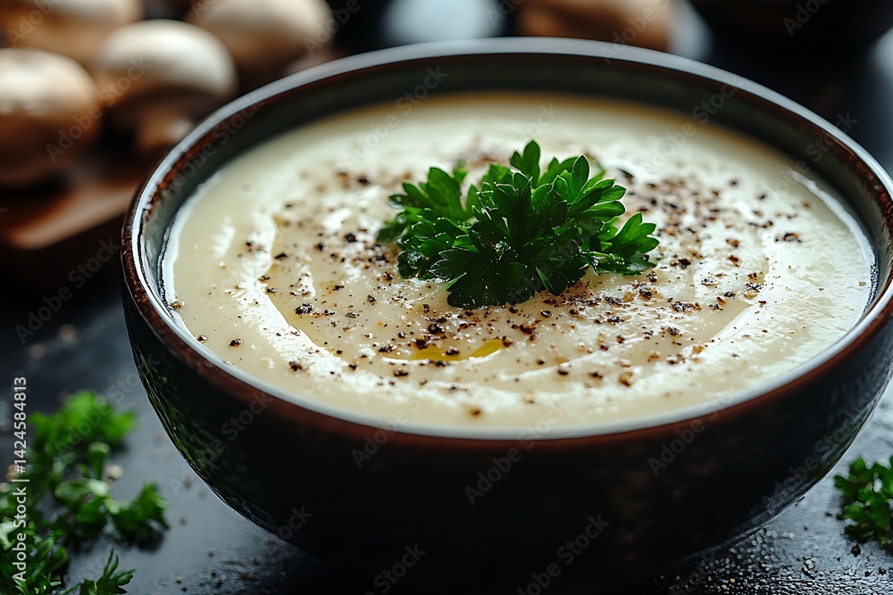 A bowl of creamy mushroom soup with fresh parsley A bowl of creamy mushroom soup with fresh parsley