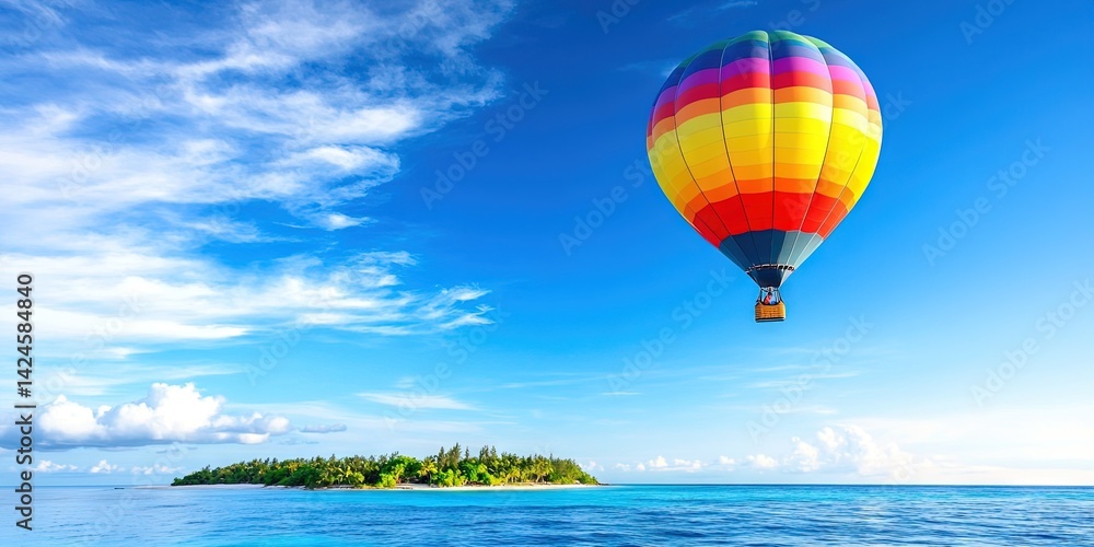 Fototapeta premium rainbow hot air balloon flying over island