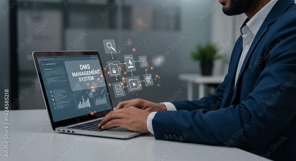 Fototapeta premium Streamline workflows with a modern DMS Management System laptop screen shows intuitive interface