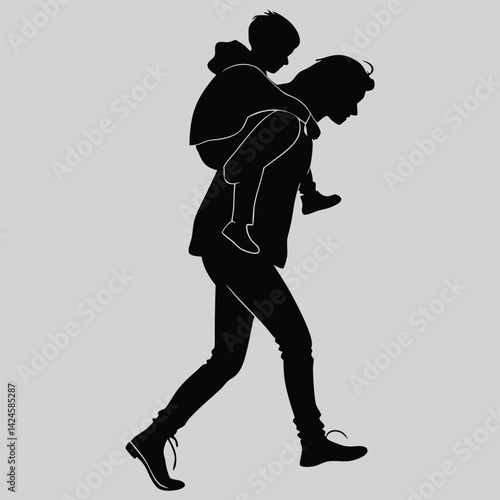 Mother carrying child on back image silhouette design vector art and illustration	