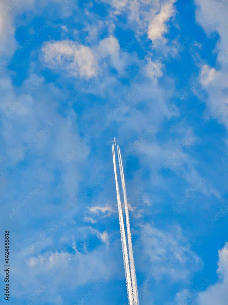 Jet Airplane Leaving Contrails in a Vibrant Blue Sky with Clouds Jet Airplane Leaving Contrails in a Vibrant Blue Sky with Clouds