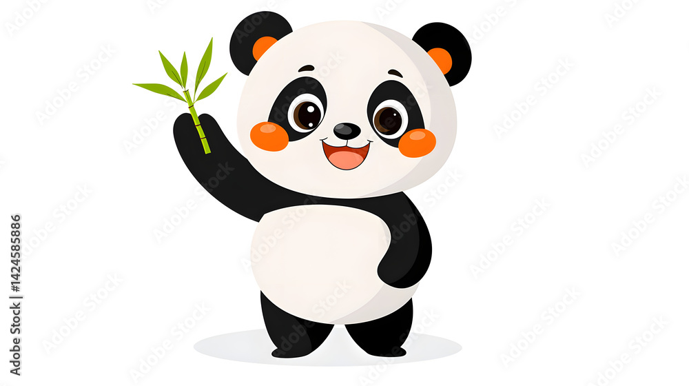 Naklejka premium A cartoon panda is holding a bamboo stick. Generated using AI.