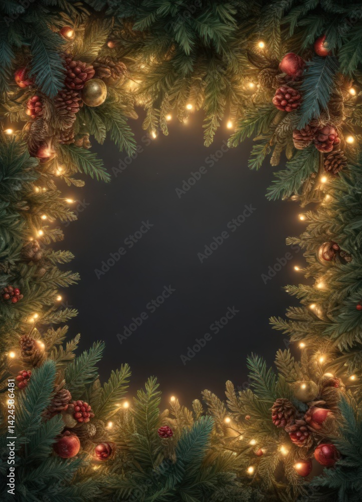 Dense coniferous border, richly decorated with glowing lights and natural elements, creating a seamless festive pattern , elegant, lights Dense coniferous border, richly decorated with glowing lights and natural elements, creating a seamless festive pattern , elegant, lights