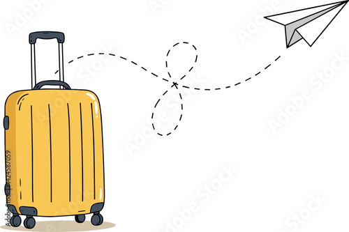 Single line drawing of Suitcase with Paper plane flying up and lettering in line art style. Continuous one line travel drawing of yellow case