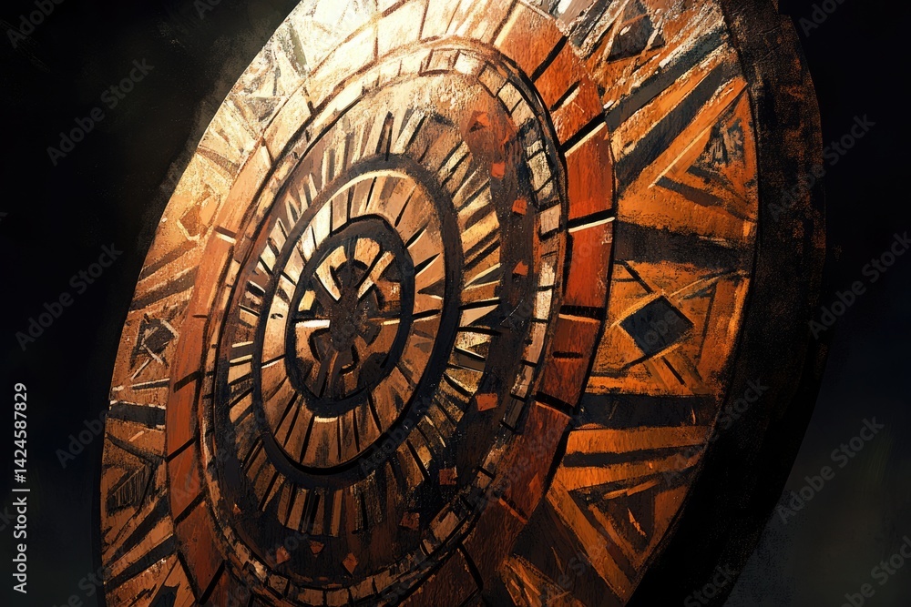 Obraz premium Intricate circular artwork with concentric patterns, earthy tones, and ancient-inspired design.
