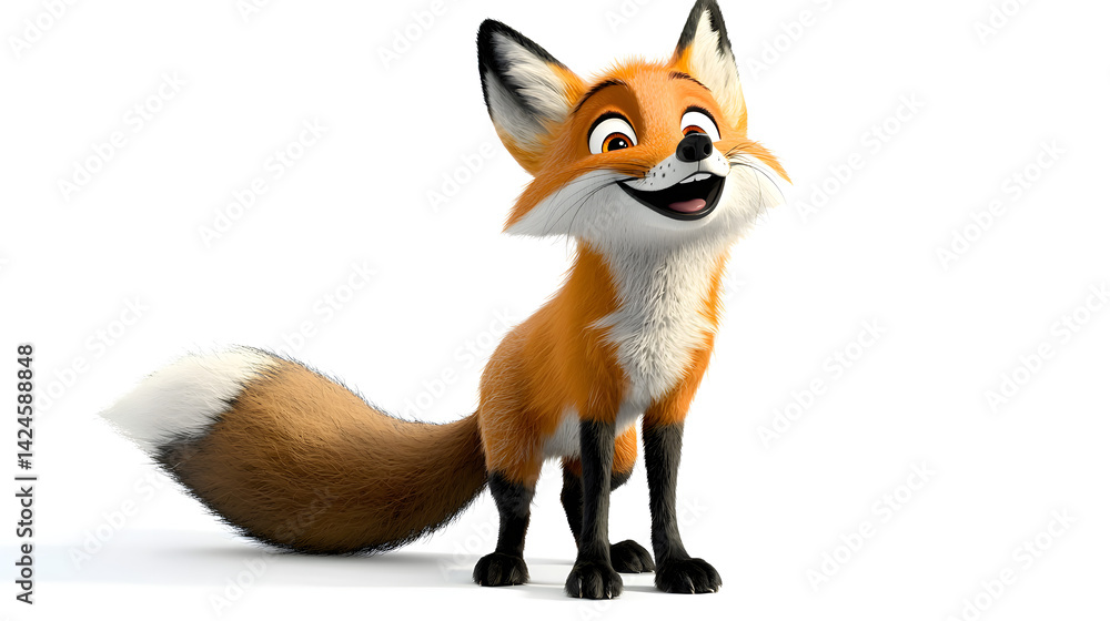 Fototapeta premium A cartoon fox is smiling and standing on a white background. Generated using AI.