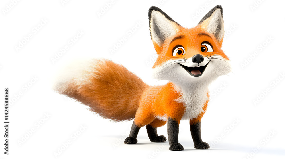 Fototapeta premium A cartoon fox is smiling and standing on a white background. Generated using AI.