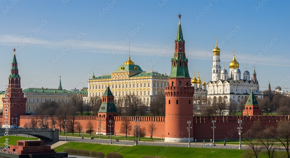 The imposing Moscow Kremlin, showcasing its historical architecture and vibrant red walls, under a clear blue sky. The imposing Moscow Kremlin, showcasing its historical architecture and vibrant red walls, under a clear blue sky.