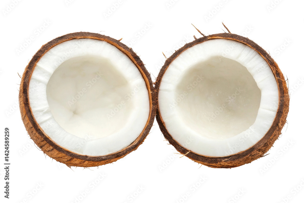 Fresh coconut halves showcasing soft white meat and brown shell for culinary inspiration and healthy snacks Fresh coconut halves showcasing soft white meat and brown shell for culinary inspiration and healthy snacks