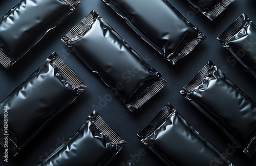 Black Packaging Mockup – Sleek Flat Lay of Shiny Grid-Patterned Boxes on Dark Surface for Modern Branding and Product Presentation

